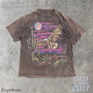 Vintage Eagle Desert T Shirt, Washed Black Western Graphic Tee, Cactus Moon Wildlife Shirt, Retro Southwest Bird Lover Gift Espresso