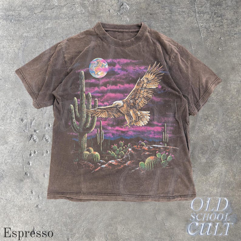 Vintage Eagle Desert T Shirt, Washed Black Western Graphic Tee, Cactus Moon Wildlife Shirt, Retro Southwest Bird Lover Gift Espresso