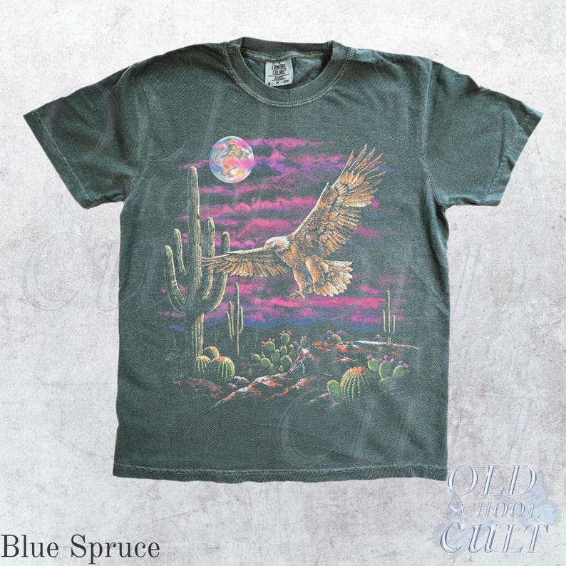 Vintage Eagle Desert T Shirt, Washed Black Western Graphic Tee, Cactus Moon Wildlife Shirt, Retro Southwest Bird Lover Gift Blue Spruce