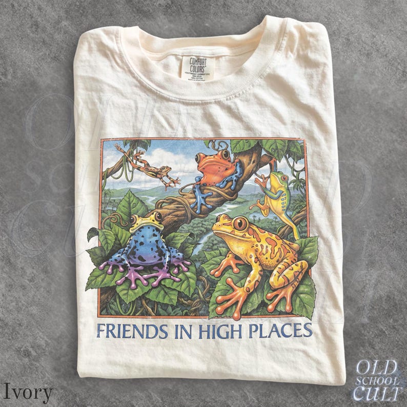 Friends in High Places Frog 90s Shirt, Colorful Tree Frog Graphic Tee, Poison Dart Frog Lover Gift, Amphibian Nature Herpetology T-Shirt Ivory