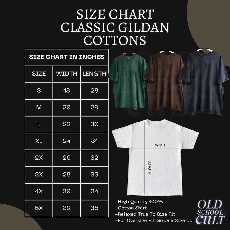 K&ouml;nnte beinhalten: Gr&ouml;&szlig;entabelle f&uuml;r klassische Gildan-Baumwoll-T-Shirts in Zoll. Die Tabelle zeigt die Breiten- und L&auml;ngenma&szlig;e f&uuml;r die Gr&ouml;&szlig;en S bis 5X. Die Tabelle enth&auml;lt auch Informationen &uuml;ber die Qualit&auml;t der Shirts, die Passform und die Gr&ouml;&szlig;en.