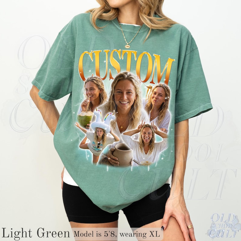 May include: Light green t-shirt with the word "CUSTOM" in gold lettering. The shirt features a collage of photos of a person. The model is 5'8" and wearing XL. The shirt is from Old School Cult.