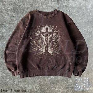 Jesus Retro Christian Sweatshirt, Vintage 90s Lion and Cross Crewneck, Religious Sweater, Unisex Spiritual Pullover Dark Chocolate