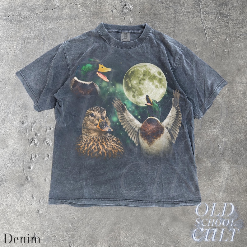 Mallard Duck Moon Vintage Graphic T Shirt, Retro Wildlife Bird Tee, Hunting Nature Gift Denim