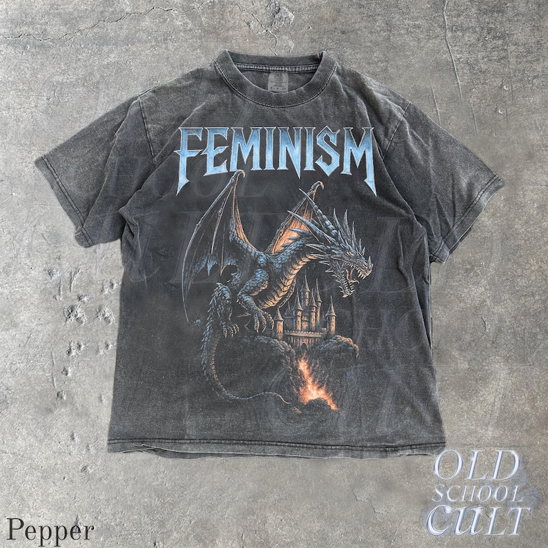 May include: Dark gray t-shirt with the word "FEMINISM" in blue and a dragon graphic. The dragon is blue and black, perched above a castle with flames. The shirt has a vintage, distressed look.