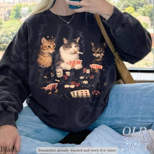 Poker Cats 90s Sweatshirt, Vintage Gambling Cat Crewneck, Retro Card Game Shirt, Casino Cat Lover Gift, Cool Cat Graphic Pullover image 3