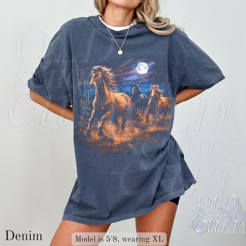 Wild Horses Vintage 90s Graphic T-Shirt, Retro Moonlit Running Horse Tee Denim