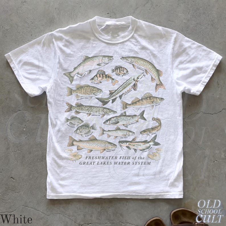 Camiseta vintage de pesca de agua dulce, camiseta gráfica de pesca de los Grandes Lagos, camiseta de naturaleza para pescadores, regalo unisex para pescadores. White