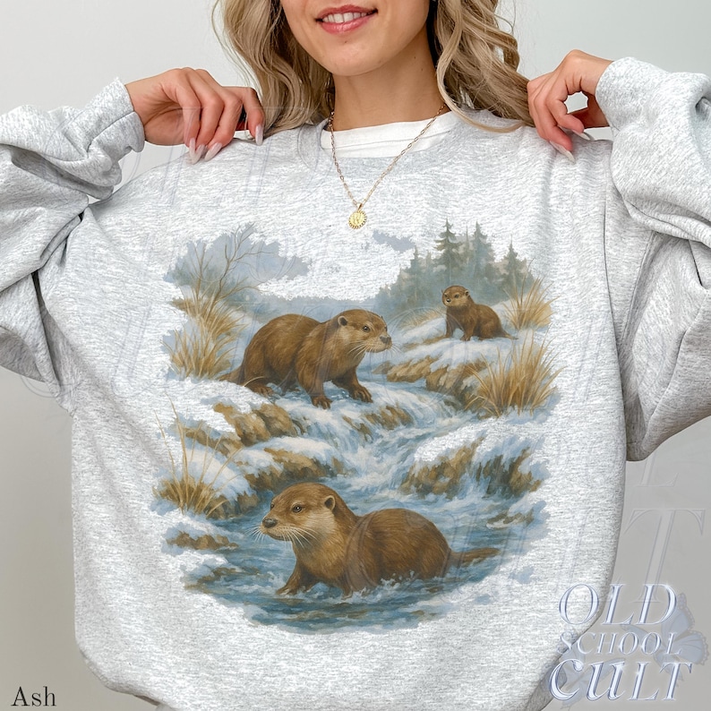 Felpa retrò con motivo a lontre selvatiche, girocollo con motivo a lontre vintage anni '90, girocollo unisex Boho, maglione nostalgico con motivo a lontre immagine 4