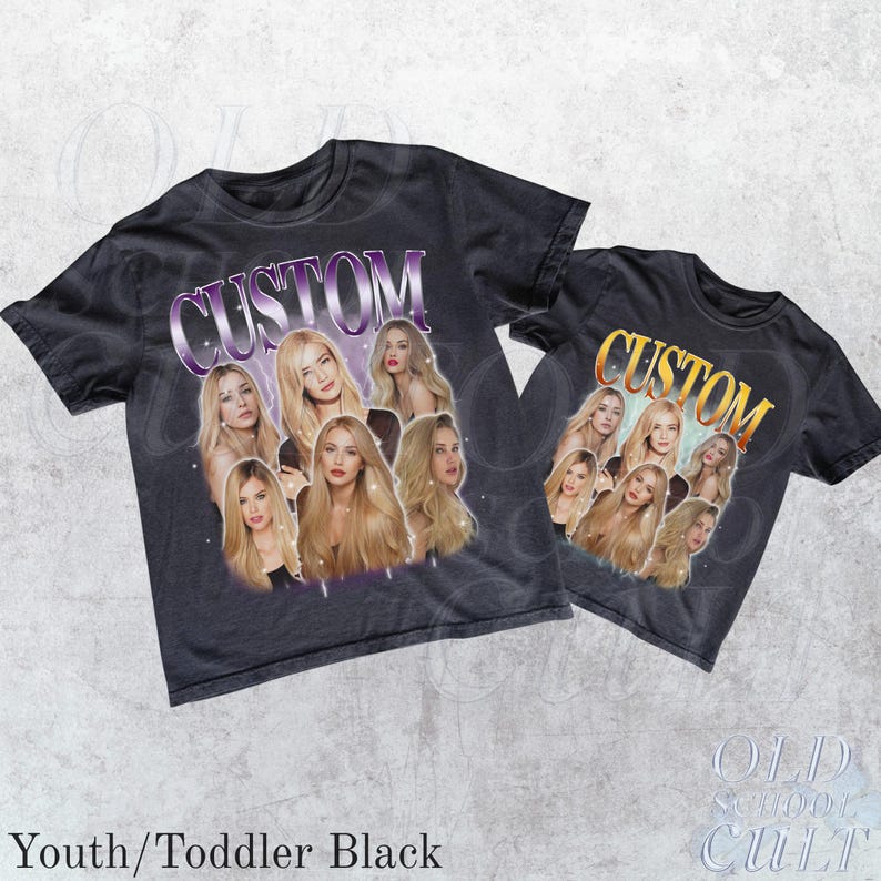 May include: Two black t-shirts with a custom design featuring multiple images of women with long blonde hair. The word "CUSTOM" is arched above the images in a purple and gold font. The shirts are labeled "Youth/Toddler Black".