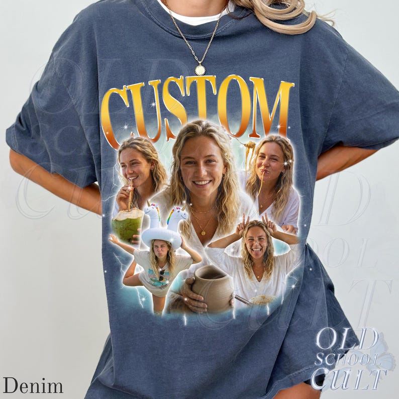 May include: Denim blue t-shirt with a custom design featuring a collage of photos and the word "CUSTOM" in gold lettering. The shirt has a vintage look with the words "OLD SCHOOL CULT" printed on the bottom right.