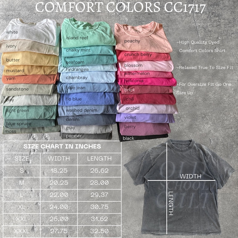 以下が含まれることがあります： 白、アイボリー、黒など、さまざまな色のComfort Colors CC1717 Tシャツのディスプレイ。画像には、幅と長さの測定値を含むインチ単位のサイズチャートと、「Old School Cult」というテキストが入ったグレーのTシャツも含まれています。