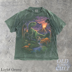 Op de afbeelding: Lichtgroen T-shirt met een dinosaurusafbeelding, een vulkaan en andere dinosaurussen. Het shirt heeft een ronde hals en korte mouwen. De tekst "OLD SCHOOL CULT" staat rechtsonder. Het shirt is lichtgroen.