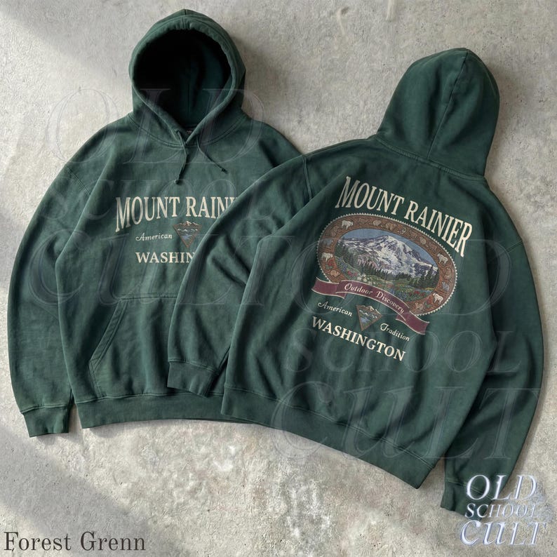 マウントレーニア（ワシントン州）パーカー、ヴィンテージ90年代国立公園ハイキンググラフィックスウェットシャツ Forest Green