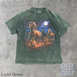 Wild Horses Vintage 90s Graphic T-Shirt, Retro Moonlit Running Horse Tee Light Green