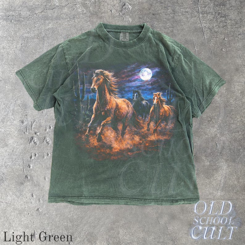 Wild Horses Vintage 90s Graphic T-Shirt, Retro Moonlit Running Horse Tee Light Green
