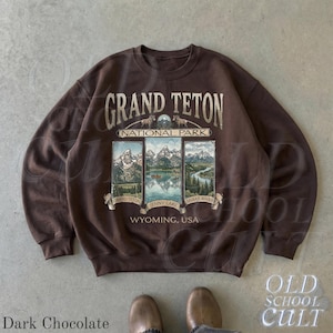 Retro Grand Teton National Park Sweatshirt, Vintage 90s Wyoming Crewneck, Nostalgia Mountain Hiking Old School Gift Dark Chocolate