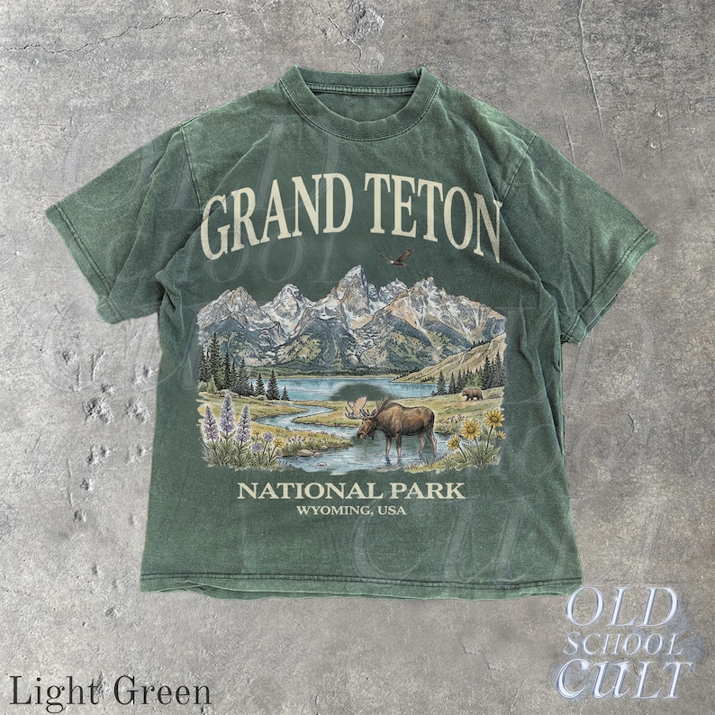 Grand Teton National Park Vintage jaren 90 grafisch T-shirt, retro Comfort Colors® Wyoming Mountain Lake USA nostalgia Moose uniseks T-shirt Light Green