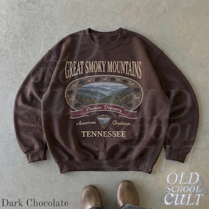 Retro Great Smoky Mountains Tennessee Sweatshirt, Vintage 90er Jahre Retro National Park Rundhalsausschnitt, Nostalgie Wandergeschenk Old School Dark Chocolate
