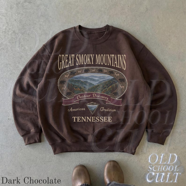 Retro Great Smoky Mountains Tennessee Sweatshirt, Vintage 90er Jahre Retro National Park Rundhalsausschnitt, Nostalgie Wandergeschenk Old School Dark Chocolate