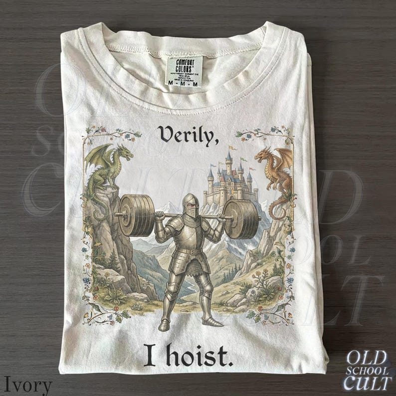 Verily I Hoist Mittelalter Vintage 90er Jahre Grafik-T-Shirt, Retro Comfort Colors® Lustiges Fitnessstudio Fantasy Unisex-Shirt Ivory
