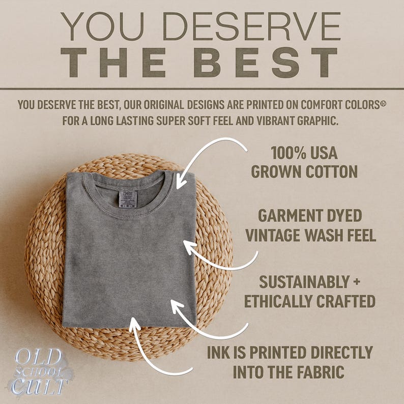 May include: A folded, gray t-shirt with a crew neck, displayed on a woven, circular mat. Text on the image reads "YOU DESERVE THE BEST" and details about the shirt's features, including "100% USA GROWN COTTON" and "GARMENT DYED VINTAGE WASH FEEL."