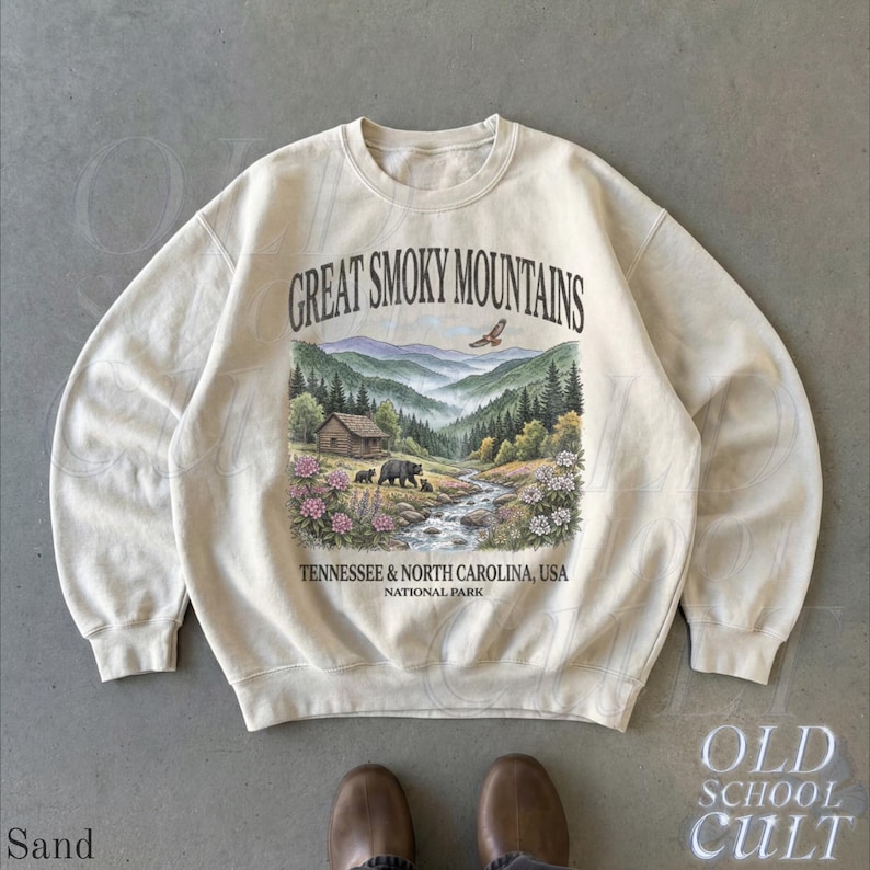 Great Smoky Mountains Sweatshirt, National Park Crewneck, Tennessee North Carolina Pullover, Vintage Nature Graphic Sweater Sand