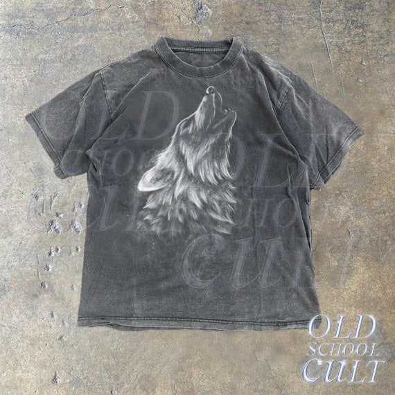 Maglietta grafica disegnata a mano anni '90 con lupo vintage