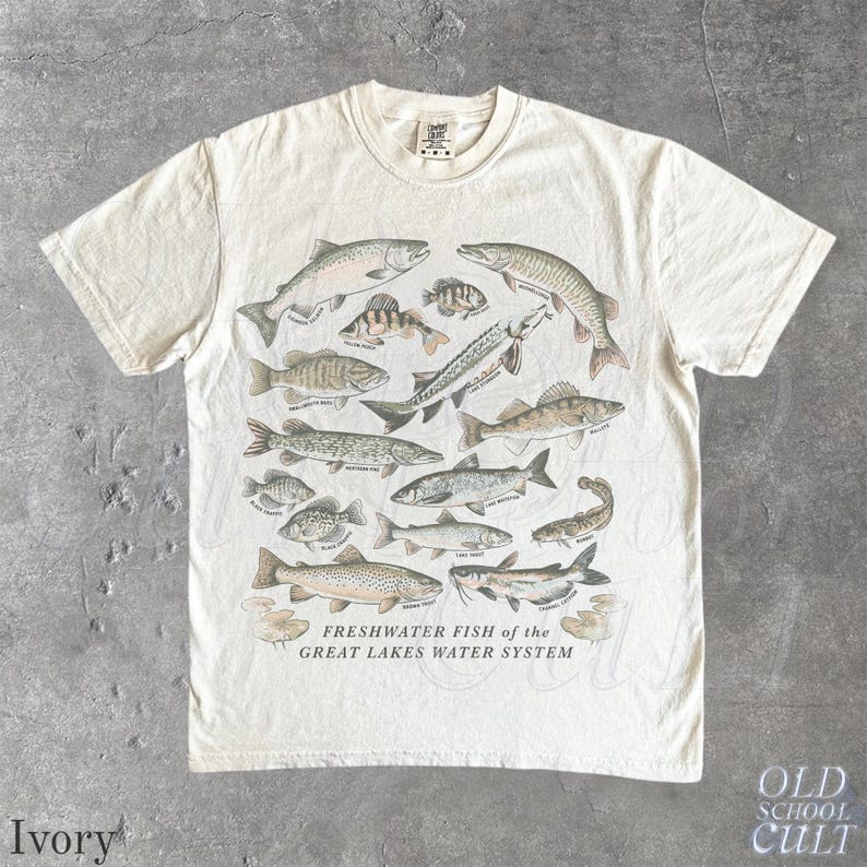 Camiseta vintage de pesca de agua dulce, camiseta gráfica de pesca de los Grandes Lagos, camiseta de naturaleza para pescadores, regalo unisex para pescadores. imagen 3