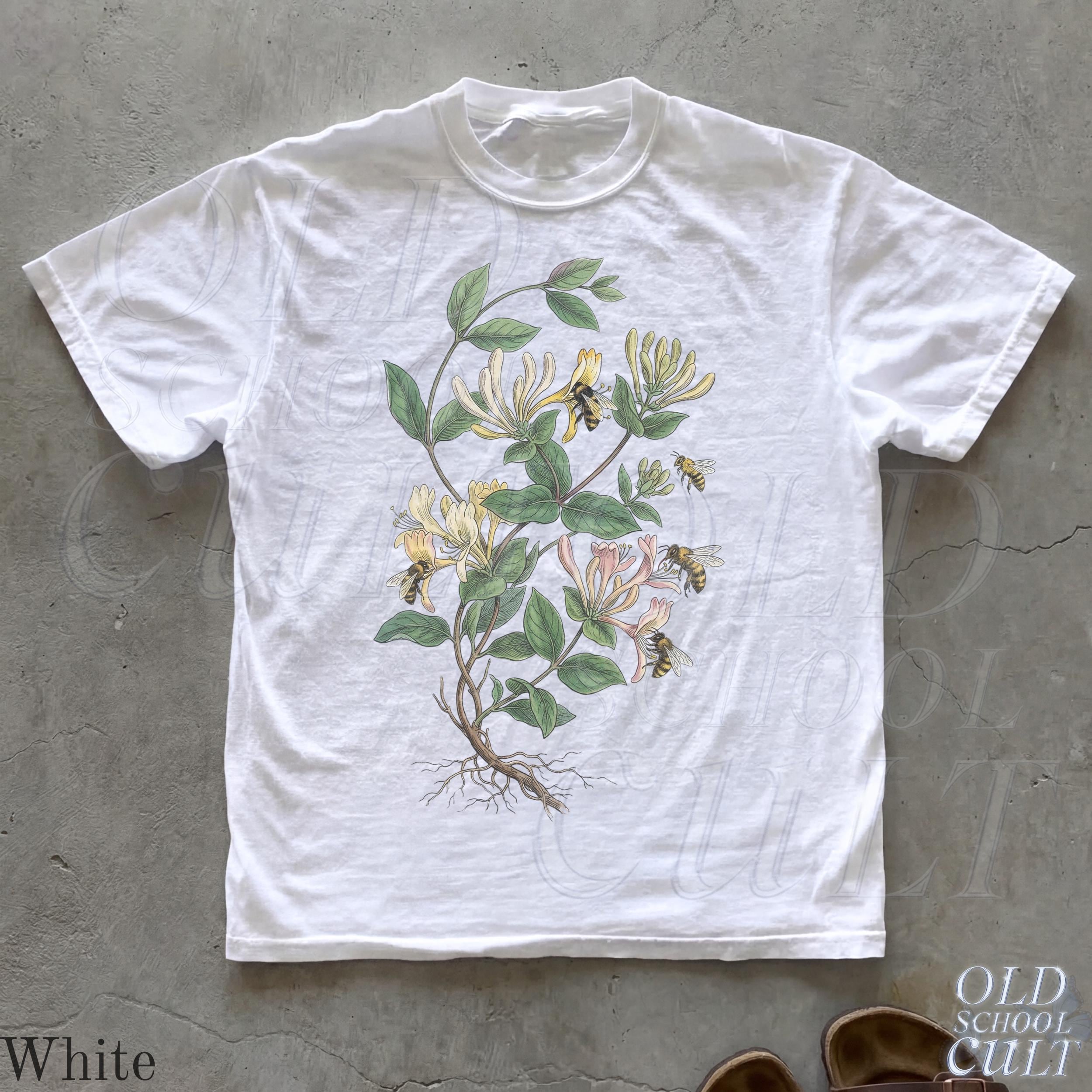 Vintage Honeysuckle Flower Bee 90s Graphic Tshirt, Retro Comfort Colors® Garden Plant Unisex Shirt