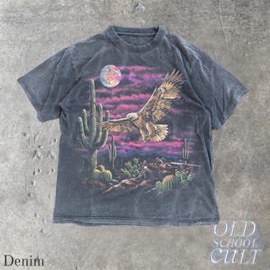 Vintage Eagle Desert T Shirt, Washed Black Western Graphic Tee, Cactus Moon Wildlife Shirt, Retro Southwest Bird Lover Gift Denim
