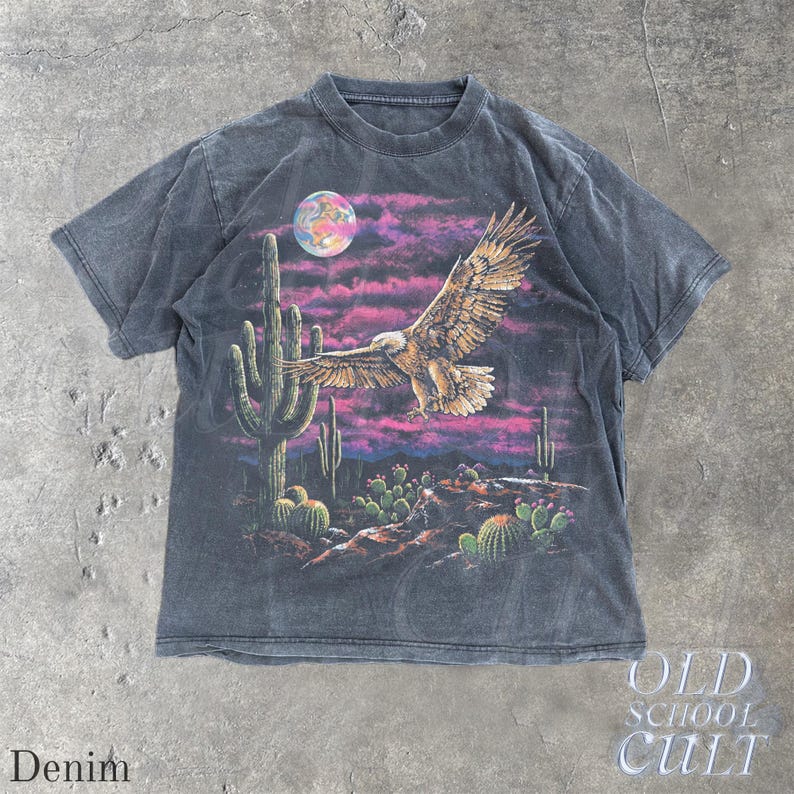 Vintage Eagle Desert T Shirt, Washed Black Western Graphic Tee, Cactus Moon Wildlife Shirt, Retro Southwest Bird Lover Gift Denim