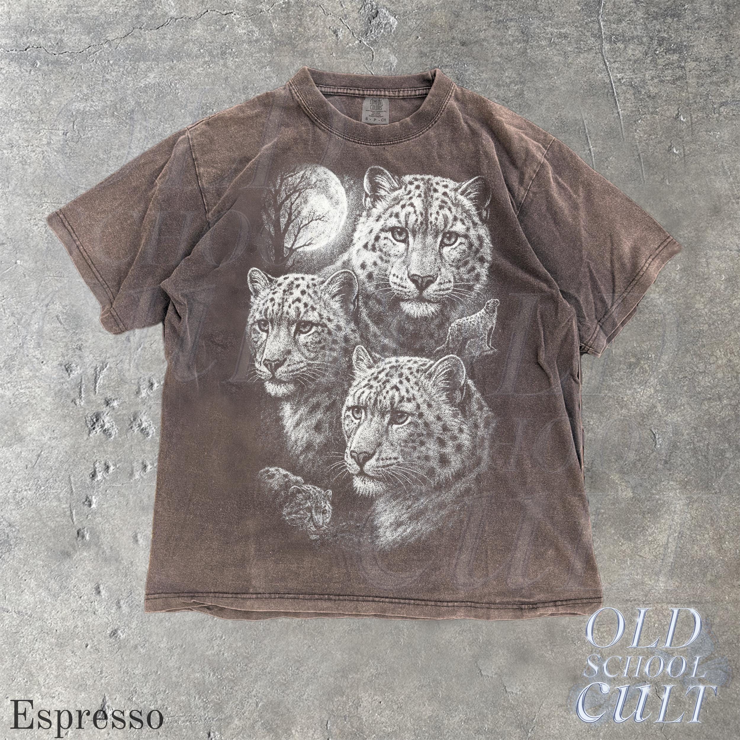 90年代のヒョウ柄ムーンワイルドライフグラフィックTシャツ、ムーン 