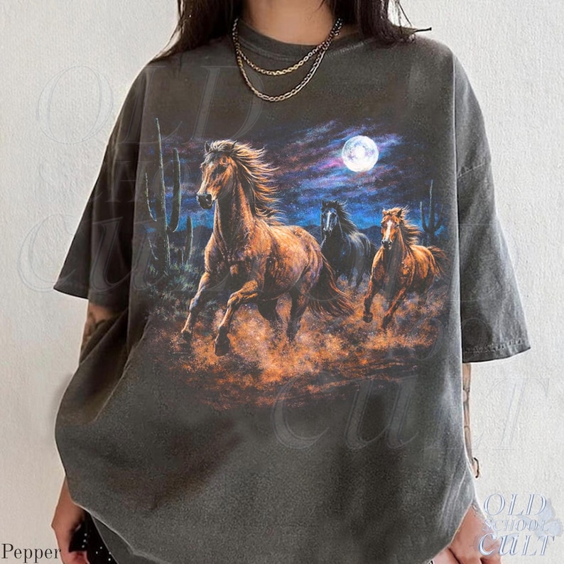 Wild Horses Vintage 90s Graphic T-Shirt, Retro Moonlit Running Horse Tee Pepper