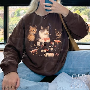 Poker Cats 90s Sweatshirt, Vintage Gambling Cat Crewneck, Retro Card Game Shirt, Casino Cat Lover Gift, Cool Cat Graphic Pullover image 7