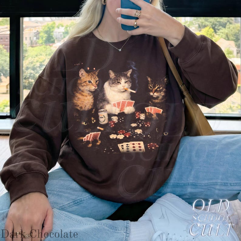 Poker Cats 90s Sweatshirt, Vintage Gambling Cat Crewneck, Retro Card Game Shirt, Casino Cat Lover Gift, Cool Cat Graphic Pullover image 7