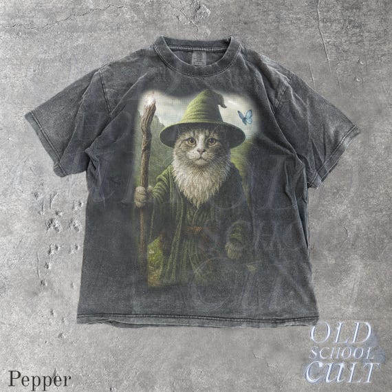 Catdalf Wizard Vintage 90s Graphic Comfort Colors® Shirt, Cat Fantasy Wizard Shirt, Wizard Shirts, Funny Cat Shirts, Weird Cat Magic Shirts