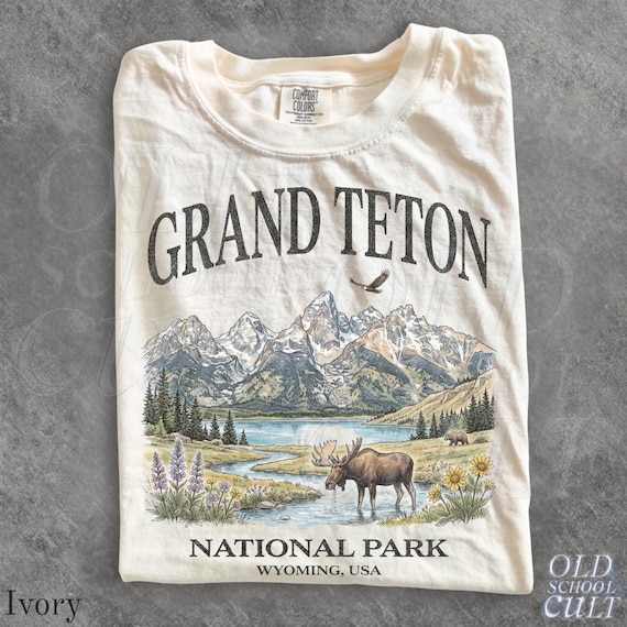 Grand Teton National Park Vintage 90s Graphic T-Shirt, Retro Comfort Colors® Wyoming Mountain Lake USA Nostalgia Moose Unisex Tee