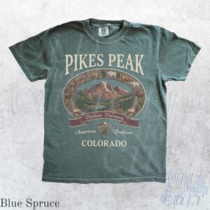 Vintage Pikes Peak Colorado Graphic Tshirt, Retro Comfort Colors® Mountain Outdoor 90s Nostalgia Camping Unisex Shirt Blue Spruce