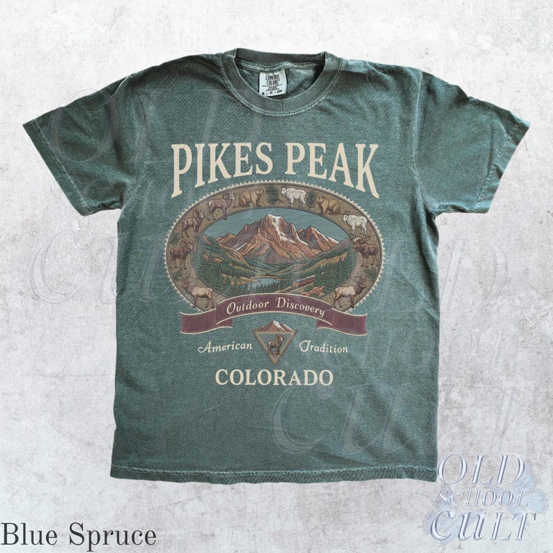 Vintage Pikes Peak Colorado Graphic Tshirt, Retro Comfort Colors® Mountain Outdoor 90s Nostalgia Camping Unisex Shirt Blue Spruce