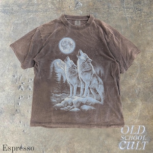 May include: Espresso-colored t-shirt featuring a graphic of two wolves howling at a full moon. The design includes a forest and starry sky. The shirt has a crew neck and short sleeves. The text "OLD SCHOOL CULT" is in the lower right corner.