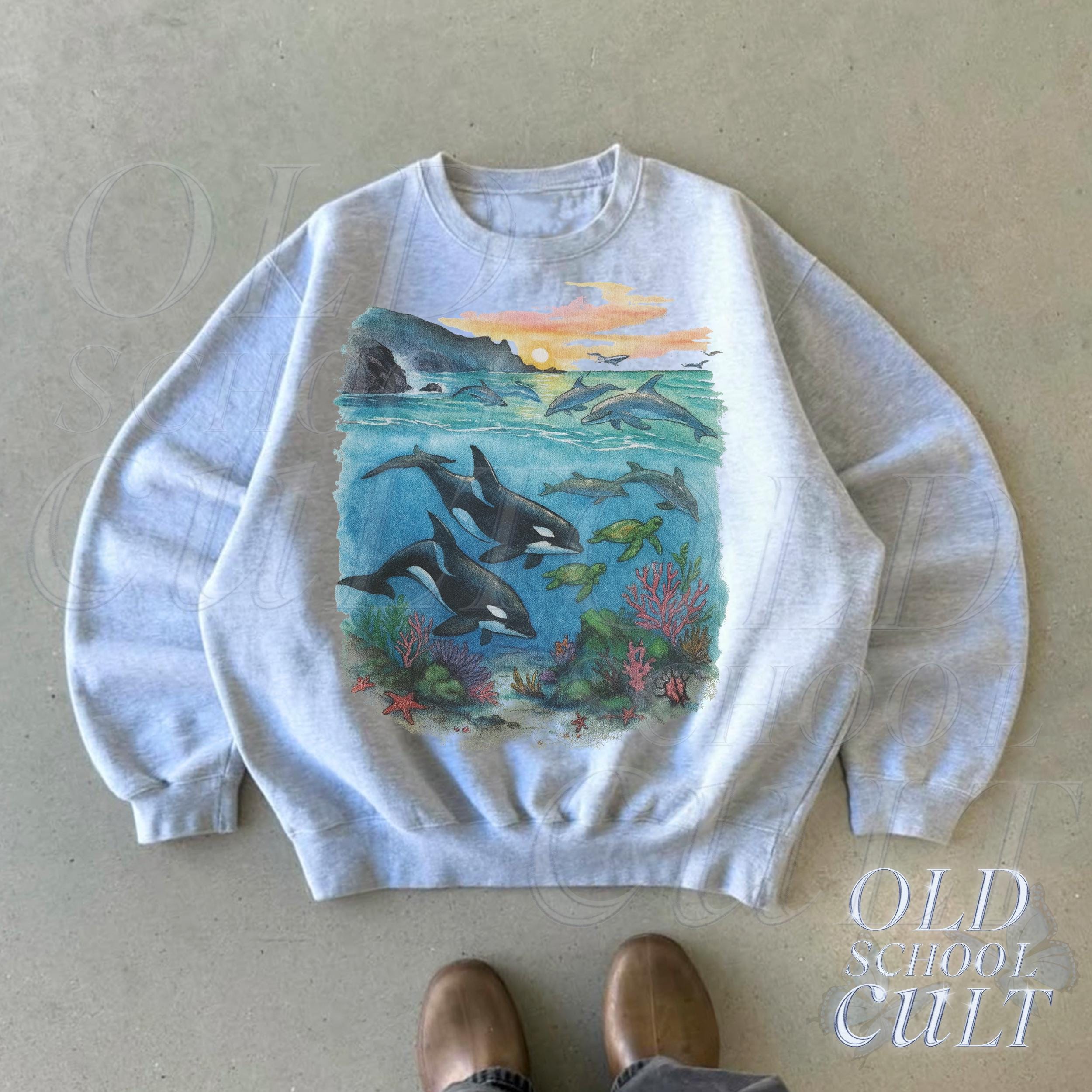 Orcas Sunset Sea Scene Vintage 90s Sweatshirt, Retro Ocean Dolpin