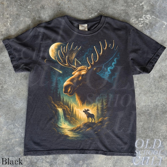 Moose Forest Wildlife Graphic T-Shirt, Moonlit Nature Tee, Comfort Colors® Pepper Shirt, Vintage Rustic Moose Top, Outdoor Cabin Lover Gift