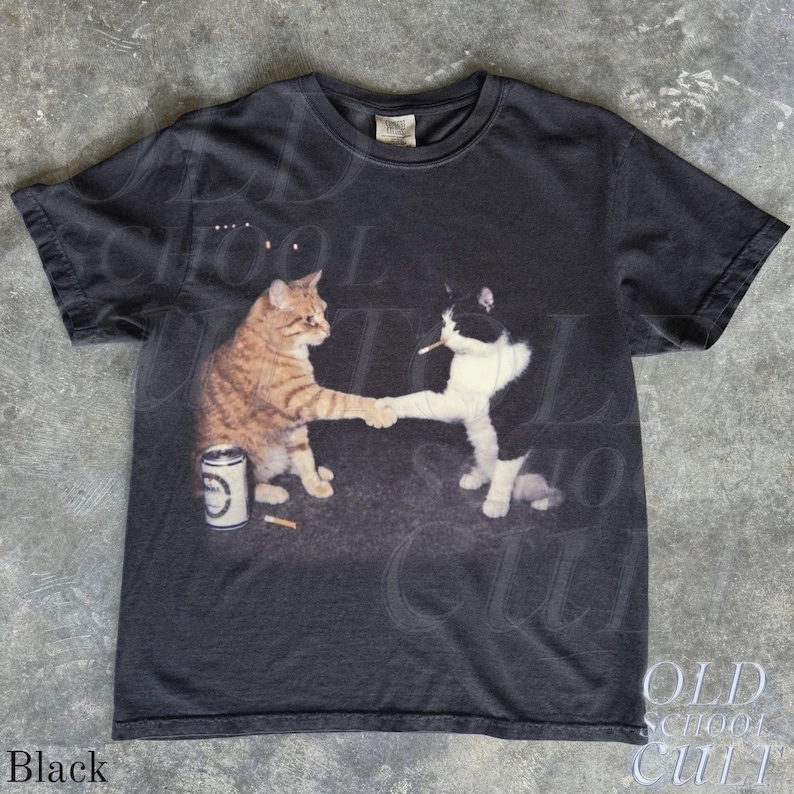 T-shirt graphique chats fumeurs, t-shirt chat vintage poing bosse, chemises Streetwear rétro, haut chaton drôle, t-shirt unisexe surdimensionné avec de la bière fraîche image 7