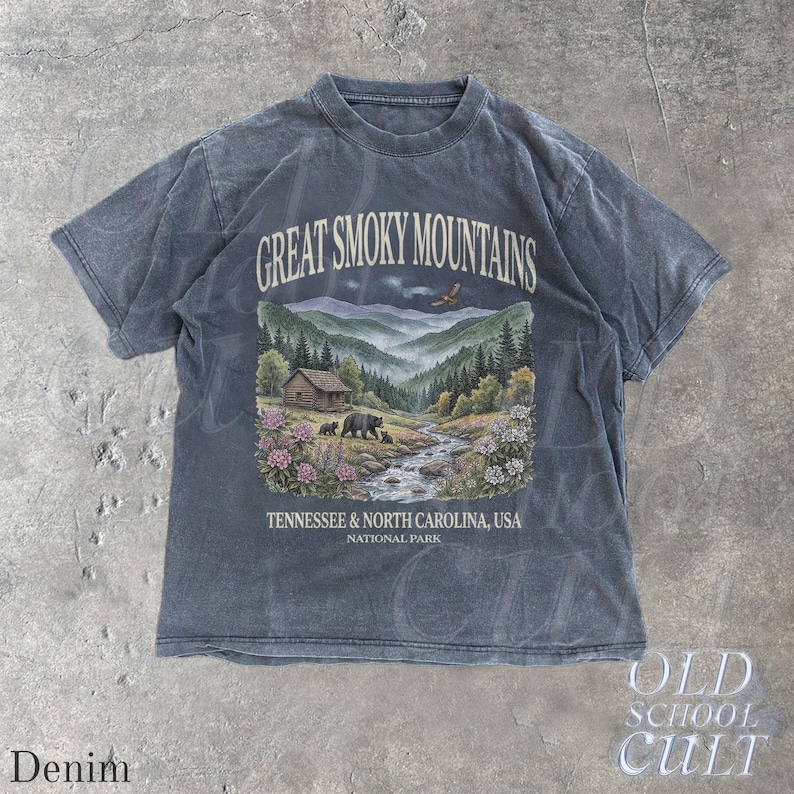 Great Smoky Mountains National Park Vintage 90er Jahre Grafik-Shirt, Retro Comfort Colors®Mountain Cabin Bear USA Nostalgie Unisex T-Shirt Denim