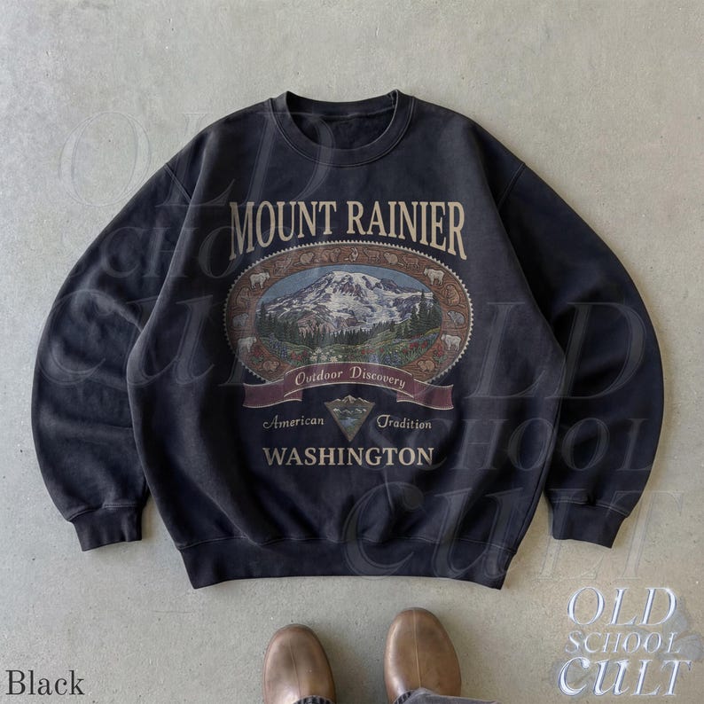Retro Mount Rainier Washington Sweatshirt, Vintage 90s American Tradition Pacific Northwest Crewneck, Nostalgia Hiking Old School Gift Black