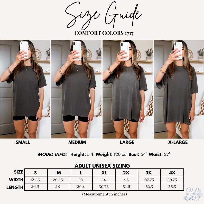 Pu&ograve; includere: Guida alle taglie per le t-shirt Comfort Colors 1717. L'immagine mostra una modella che indossa la t-shirt in quattro taglie: small, medium, large e x-large. La tabella delle taglie fornisce le misure in pollici per le taglie unisex adulto, inclusa larghezza e lunghezza.