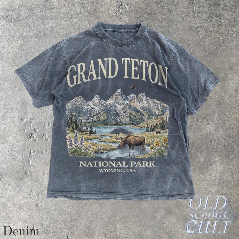 Grand Teton National Park Vintage jaren 90 grafisch T-shirt, retro Comfort Colors® Wyoming Mountain Lake USA nostalgia Moose uniseks T-shirt Denim