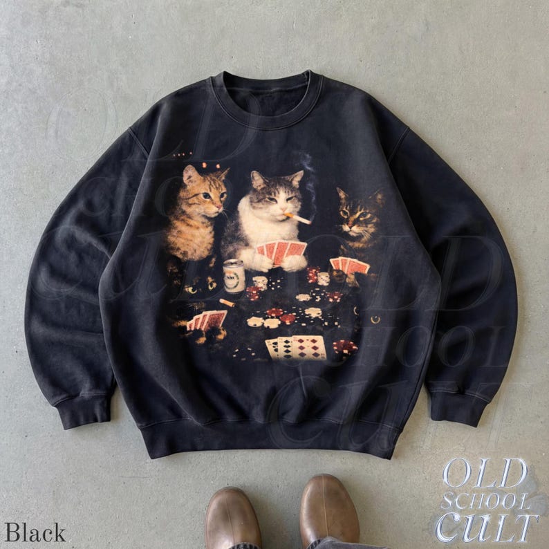 Poker Cats 90s Sweatshirt, Vintage Gambling Cat Crewneck, Retro Card Game Shirt, Casino Cat Lover Gift, Cool Cat Graphic Pullover Black