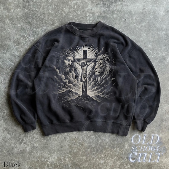 Jesus Retro Christian Sweatshirt, Vintage 90s Lion and Cross Crewneck, Religious Sweater, Unisex Spiritual Pullover